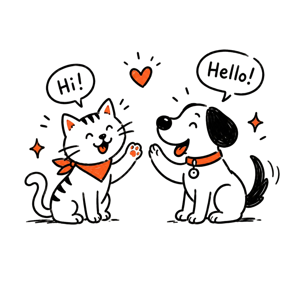 Cartoon cat and dog waving hello
